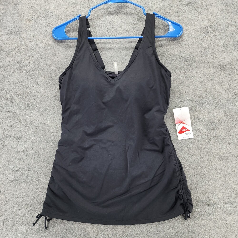 Lands End Tankini Womens 4 D Black V Neck Side Ruched Swimwear